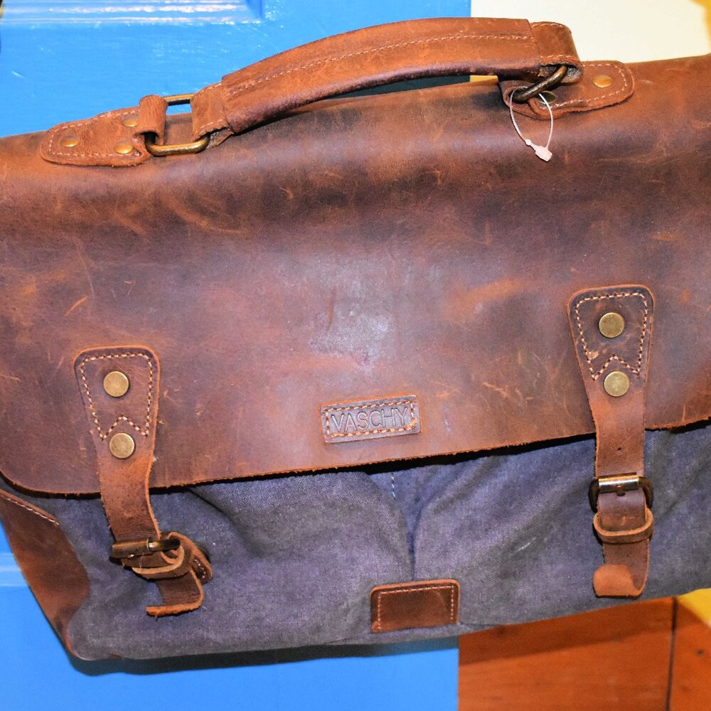 Vaschy Brown Leather and Gray Canvas Messanger Laptop Crossbody Satchel